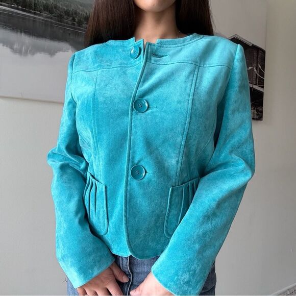 Vintage preppy velvet like Turquoise Button-Up Jacket - Picture 5 of 6